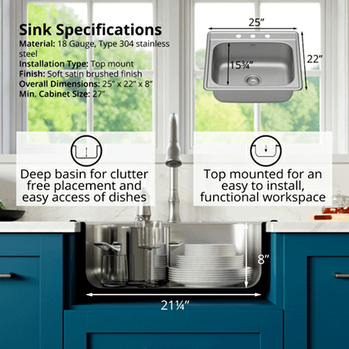 Profile Stainless Steel Top Mount 18G Single Bowl Kitchen Sink, 25&quot; x 22&quot; x 8&quot; (40/Box) Alt 2 - Image