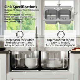 Profile Stainless Steel Top Mount 18G Double Equal Bowl Kitchen Sink, 33" x 22" x 7-1/2 - Alt Image 4