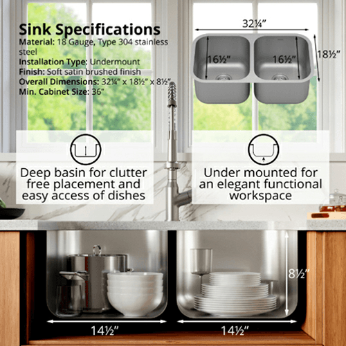 Profile Stainless Steel Undermount 18G Double Equal Bowl Kitchen Sink, 32-1/4&quot; x 18-1/2&quot; x 8-1/2&quot; (40/Box) Alt 3 - Image