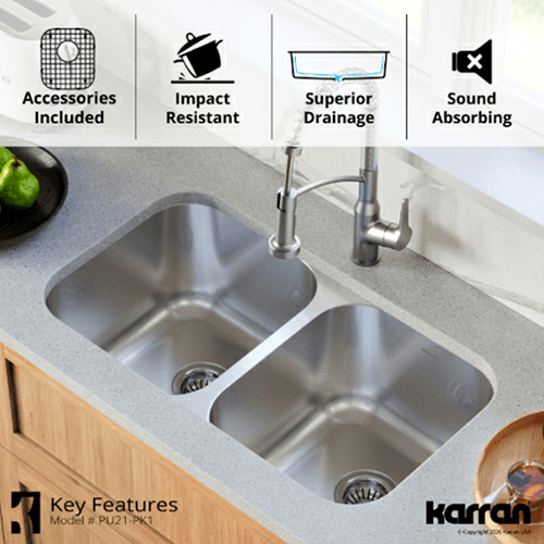 Profile Stainless Steel Undermount 18G Double Equal Bowl Kitchen Sink Kit, 32-1/4" x 18-1/2" x 8-1/2 - Alt Image 5