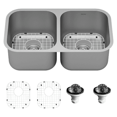 Profile Stainless Steel Undermount 18G Double Equal Bowl Kitchen Sink Kit, 32-1/4" x 18-1/2" x 8-1/2 - Main Image