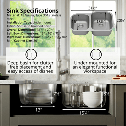 Profile Stainless Steel Undermount 18G Small/Large Bowl Kitchen Sink, 31-1/2&quot; x 20-1/2&quot; x 8-1/2&quot; (40/Box) Alt 3 - Image