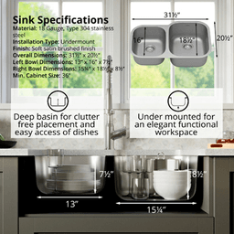 Profile Stainless Steel Undermount 18G Small/Large Bowl Kitchen Sink, 31-1/2" x 20-1/2" x 8-1/2 - Alt Image 4