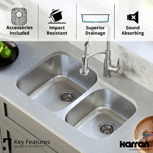 Profile Stainless Steel Undermount 18G Small/Large Bowl Kitchen Sink Kit, 31-1/2" x 20-1/2" x 8-1/2 - Alt Image 5