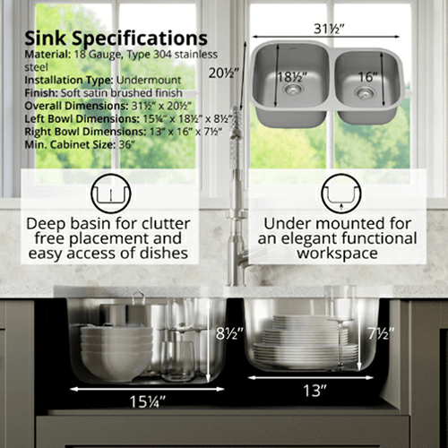 Profile Stainless Steel Undermount 18G Large/Small Bowl Kitchen Sink, 31-1/2&quot; x 20-1/2&quot; x 8-1/2&quot; (40/Box) Alt 3 - Image