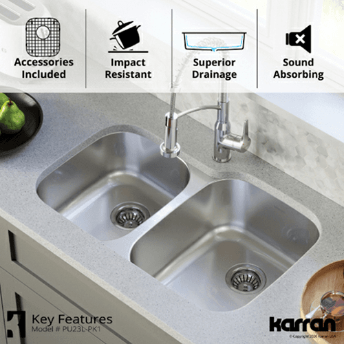 Profile Stainless Steel Undermount 18G Large/Small Bowl Kitchen Sink Kit, 31-1/2" x 20-1/2" x 8-1/2 - Alt Image 4