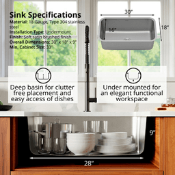 Profile Stainless Steel Undermount 18G Extra Large Single Bowl Kitchen Sink, 30&quot; x 18&quot; x 9&quot; (40/Box) Alt 3 - Image