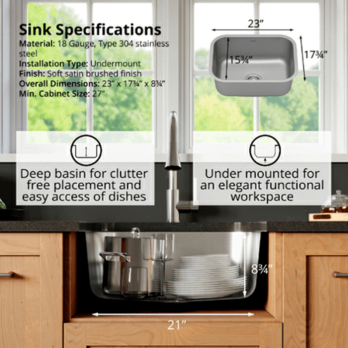 Profile Stainless Steel Undermount 18G Single Bowl Kitchen Sink, 23&quot; x 17-3/4&quot; x 8-3/4&quot; (40/Box) Alt 3 - Image