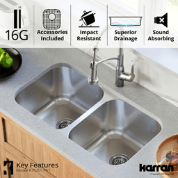 Profile Stainless Steel Undermount 16G Double Equal Bowl Kitchen Sink Kit, 32-1/4" x 18-1/2" x 8-1/2 - Alt Image 5