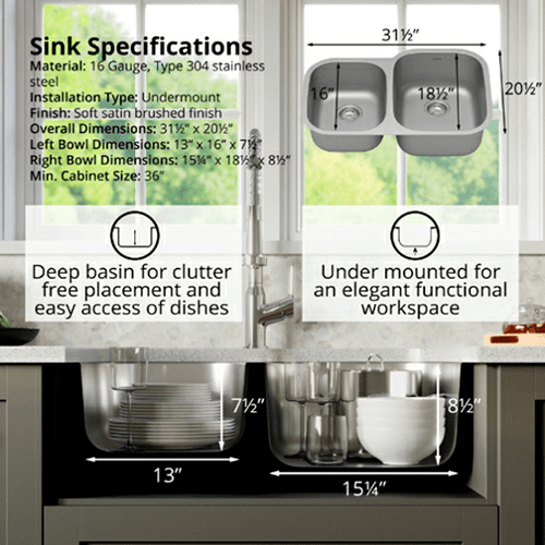 Profile Stainless Steel Undermount 16G Small/Large Bowl Kitchen Sink, 31-1/2&quot; x 20-1/2&quot; x 8-1/2&quot; (40/Box) Alt 3 - Image