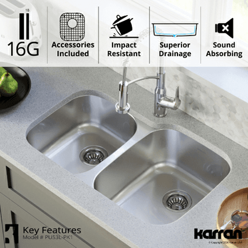 Profile Stainless Steel Undermount 16G Small/Large Bowl Kitchen Sink Kit, 31-1/2" x 20-1/2" x 8-1/2 - Alt Image 5