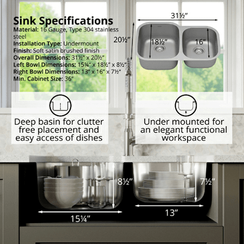 Profile Stainless Steel Undermount 16G Large/Small Bowl Kitchen Sink, 31-1/2&quot; x 20-1/2&quot; x 8-1/2&quot; (40/Box) Alt 3 - Image