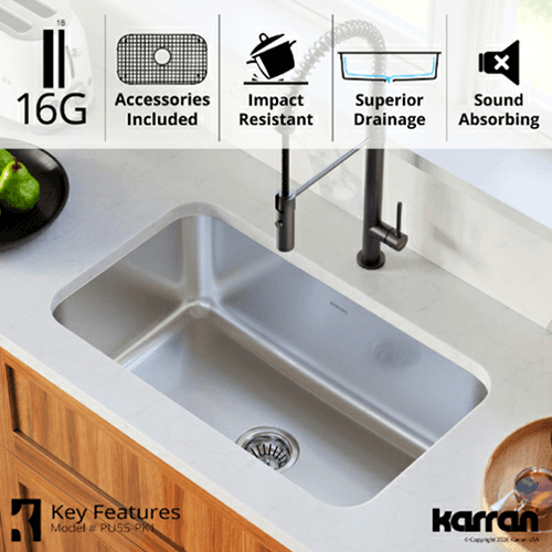 Profile Stainless Steel Undermount 16G Large Single Bowl Kitchen Sink Kit, 30" x 18" x 9 - Alt Image 5