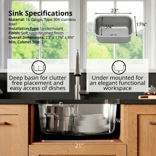 Profile Stainless Steel Undermount 16G Single Bowl Kitchen Sink Kit, 23" x 17-3/4" x 8-3/4 - Alt Image 3