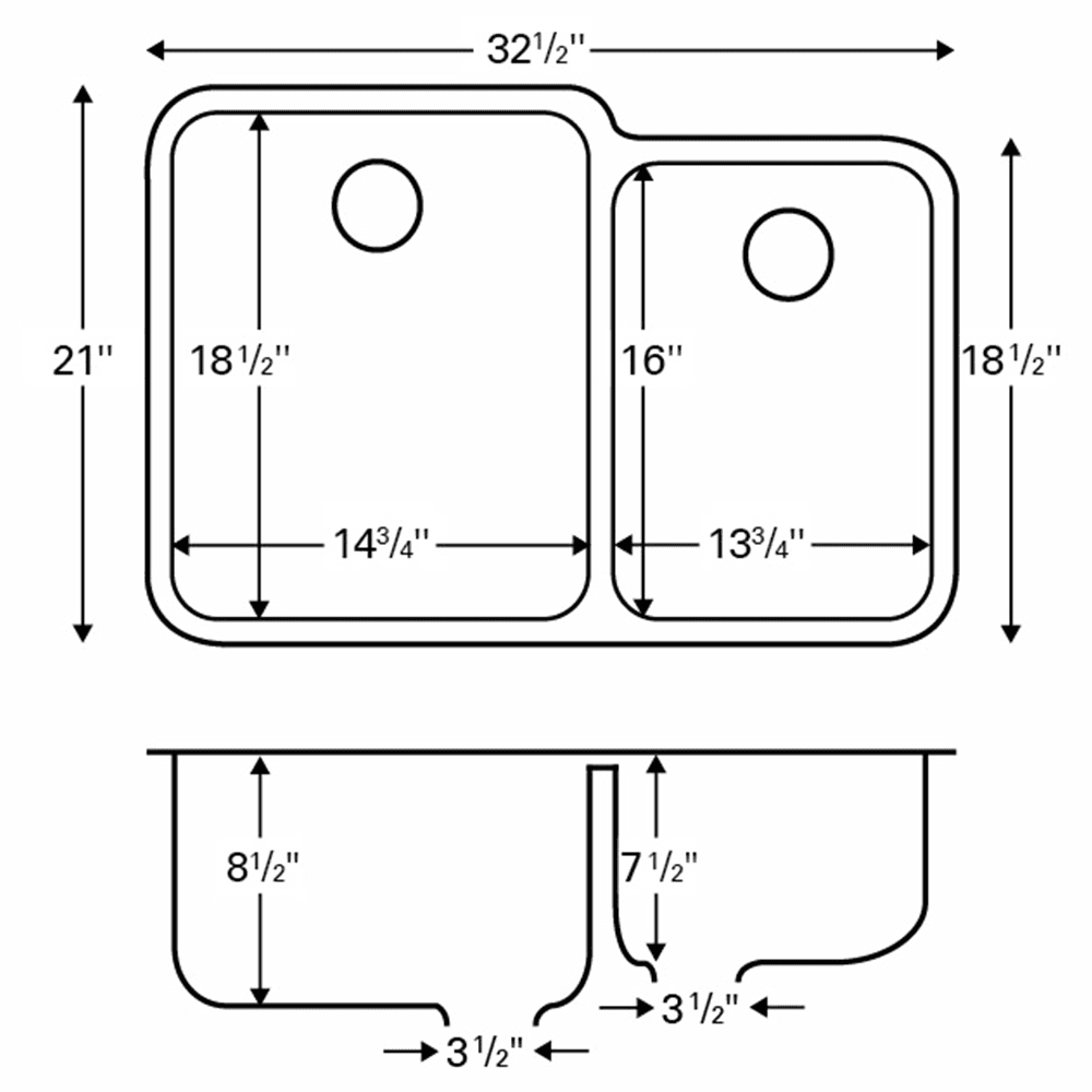 Large and Small Bowl Kitchen Sink, 32-1/2" x 21" x 8-1/2"