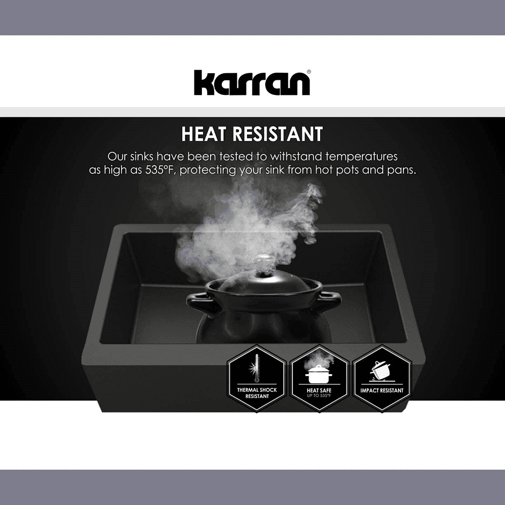 Karran QA-740 Quartz Undermount Sink in Concrete color with a view of the sink drain