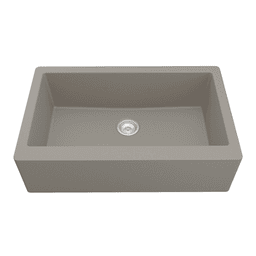 Close-up of Karran QA-740 Quartz Undermount Sink in Concrete color with water running out of it