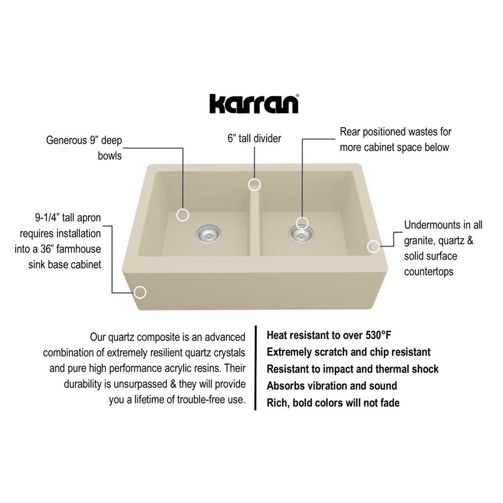 Karran QA-750 Quartz Double Bowl Apron Kitchen Sink Gray Drain