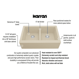 Karran QA-750 Quartz Double Bowl Apron Kitchen Sink Gray Drain