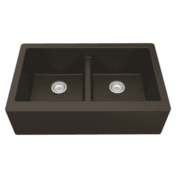 Close-up View of Karran QA-750 Quartz Under Mount Double Bowl with Apron Kitchen Sink, 34" x 21-1/4" x 9", Brown