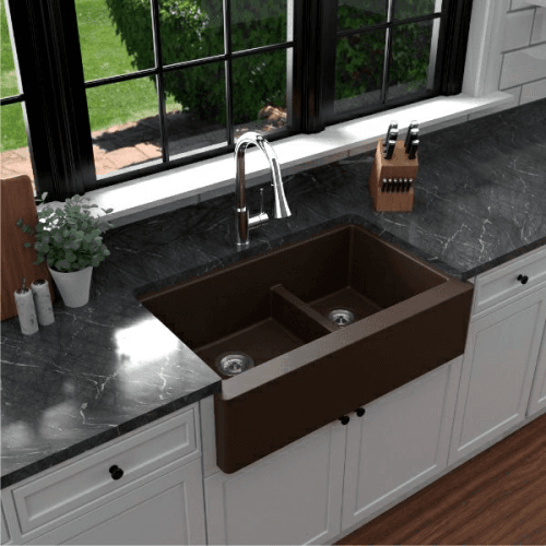 QA-760 Quartz Undermount Large/Small Bowl Kitchen Sink, 34" x 21-1/4" x 9", Brown Alt 2 - Image