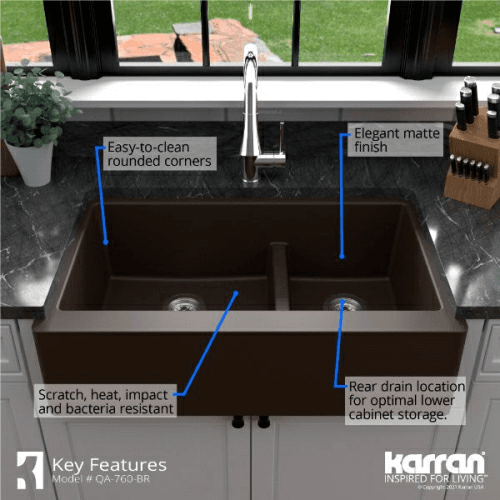 QA-760 Quartz Undermount Large/Small Bowl Kitchen Sink, 34" x 21-1/4" x 9", Brown Alt 4 - Image