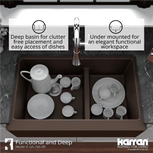 QA-760 Quartz Undermount Large/Small Bowl Kitchen Sink, 34" x 21-1/4" x 9", Brown Alt 7 - Image