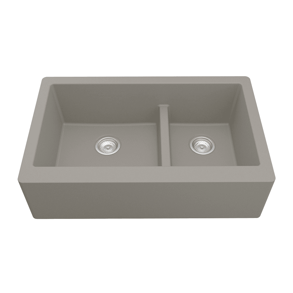 Karran QA-760 Quartz Undermount Large/Small Bowl Kitchen Sink, Concrete, Comparison View