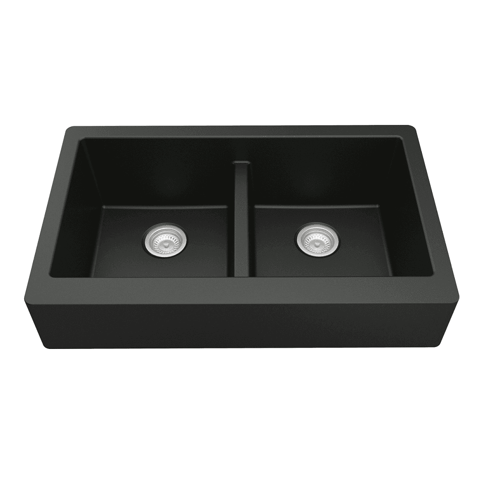 Black Quartz Undermount Double Equal Bowl Kitchen Sink by Karran - QAR-750, 34" x 21-1/4" x 9"