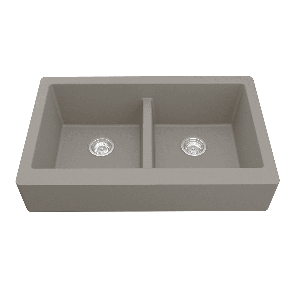 34" x 21-1/4" x 9" Karran QAR-750 Quartz Undermount Double Equal Bowl Kitchen Sink, Concrete, Right Side View