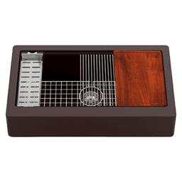 Quartz QARWS Retrofit Farmhouse/Apron Front Large Single Bowl Workstation Kitchen Sink, 34&quot; x 21-1/4&quot; x 9&quot;, Brown Main - Image