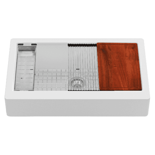 Quartz QARWS Retrofit Farmhouse/Apron Front Large Single Bowl Workstation Kitchen Sink, 34&quot; x 21-1/4&quot; x 9&quot;, White Main - Image