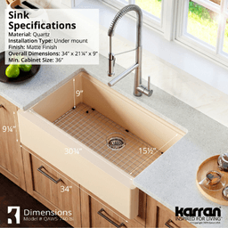 Quartz QAWS Farmhouse/Apron Front Large Single Bowl Workstation Kitchen Sink, 34&quot; x 21-1/4&quot; x 9&quot;, Concrete Alt 5 - Image