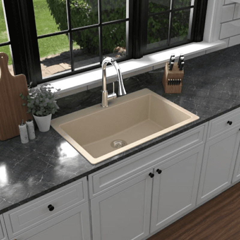 Quartz Top Mount/Drop-In Large Single Bowl Kitchen Sink Kit, 33" x 22" x 9", Bisque Alt 5 - Image