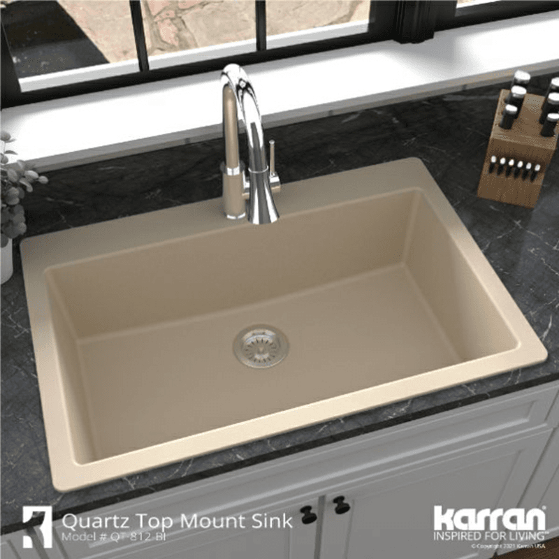 Quartz Top Mount/Drop-In Large Single Bowl Kitchen Sink Kit, 33" x 22" x 9", Bisque Alt 6 - Image