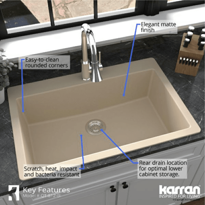 Quartz Top Mount/Drop-In Large Single Bowl Kitchen Sink Kit, 33" x 22" x 9", Bisque Alt 7 - Image