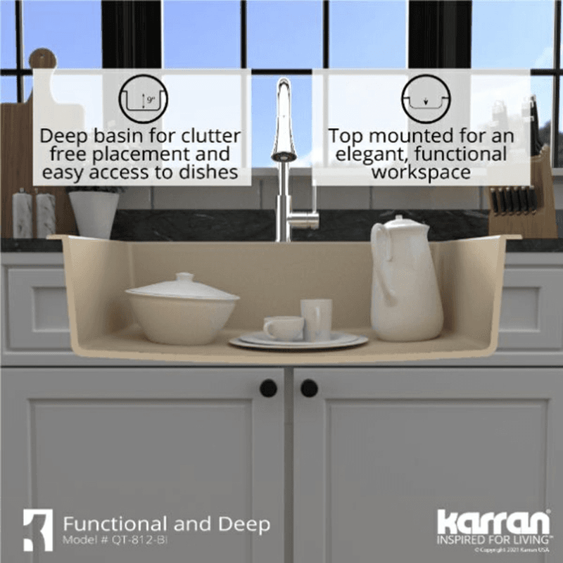 Quartz Top Mount/Drop-In Large Single Bowl Kitchen Sink Kit, 33" x 22" x 9", Bisque Alt 9 - Image