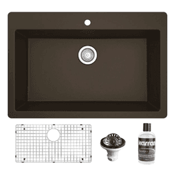 Quartz Top Mount/Drop-In Large Single Bowl Kitchen Sink Kit, 33" x 22" x 9", Brown Main - Image