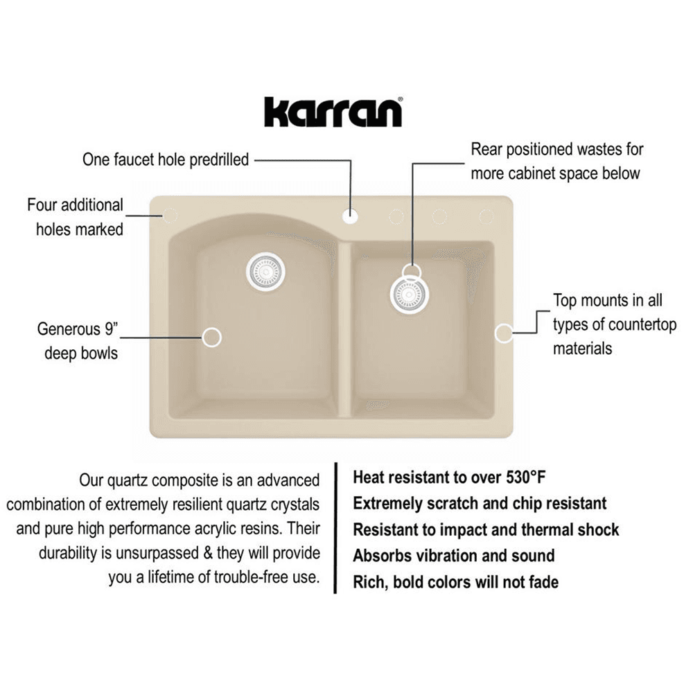 Karran QT-610 Quartz Top Mount Large/Small Bowl Kitchen Sink in Concrete
