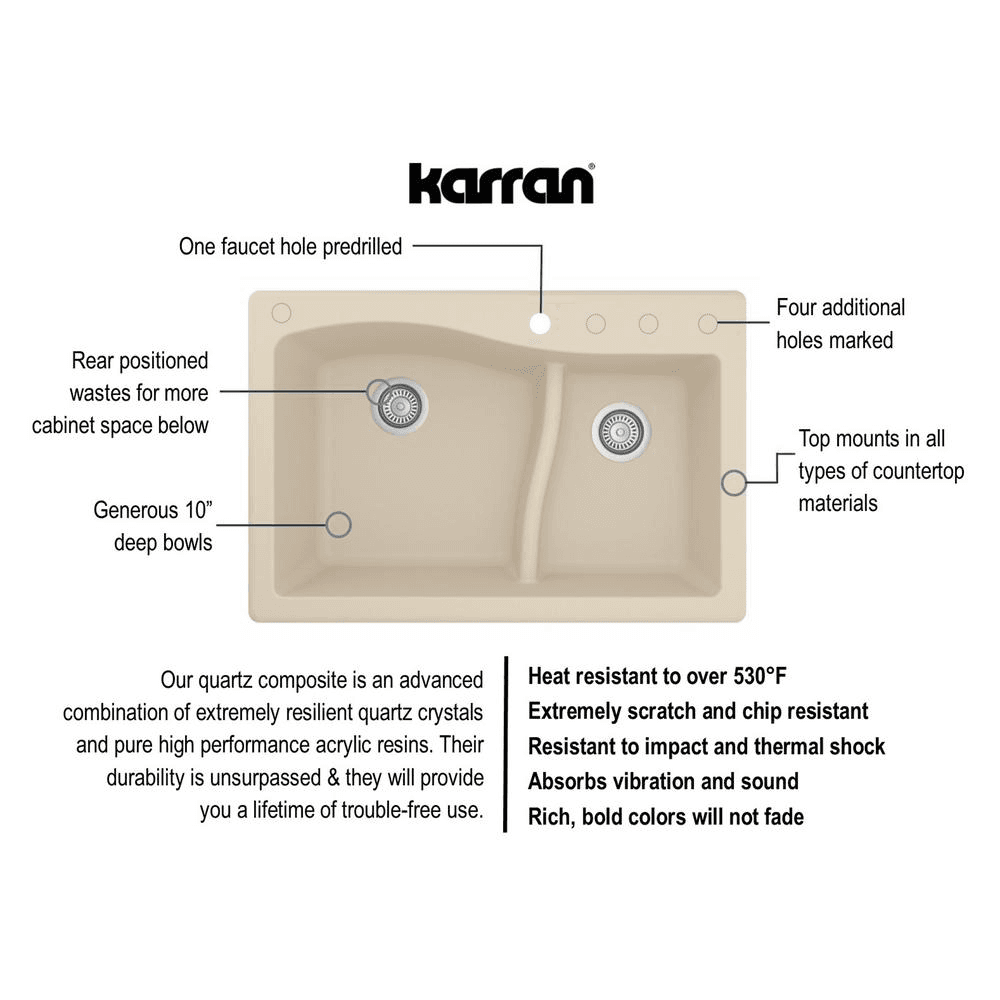 Karran QT-630 White Quartz Top Mount Kitchen Sink with Dual Bowls