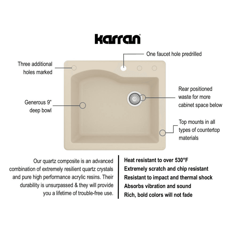 Karran Quartz Top Mount Sink QT-671, 25" x 22" x 9", Gray, Left View