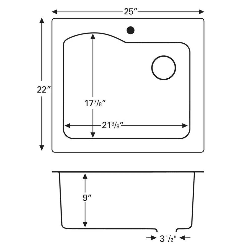 QT-671 Kitchen Sink, 25" x 22" x 9", Top Mount, Single Bowl, Gray, Angled View