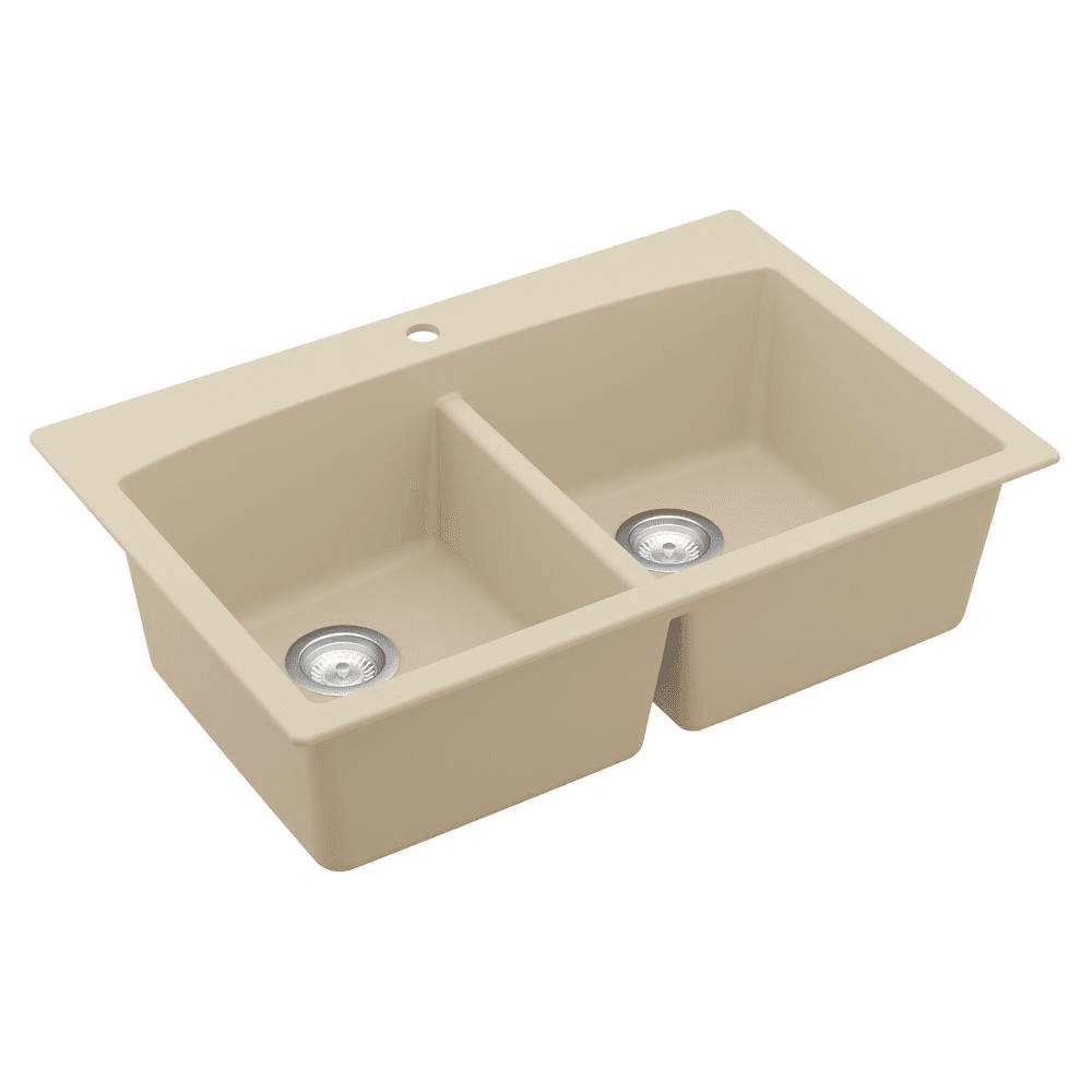 Double bowl Karran QT-710 Quartz Top Mount Kitchen Sink in Gray, 33" x 22" x 9"