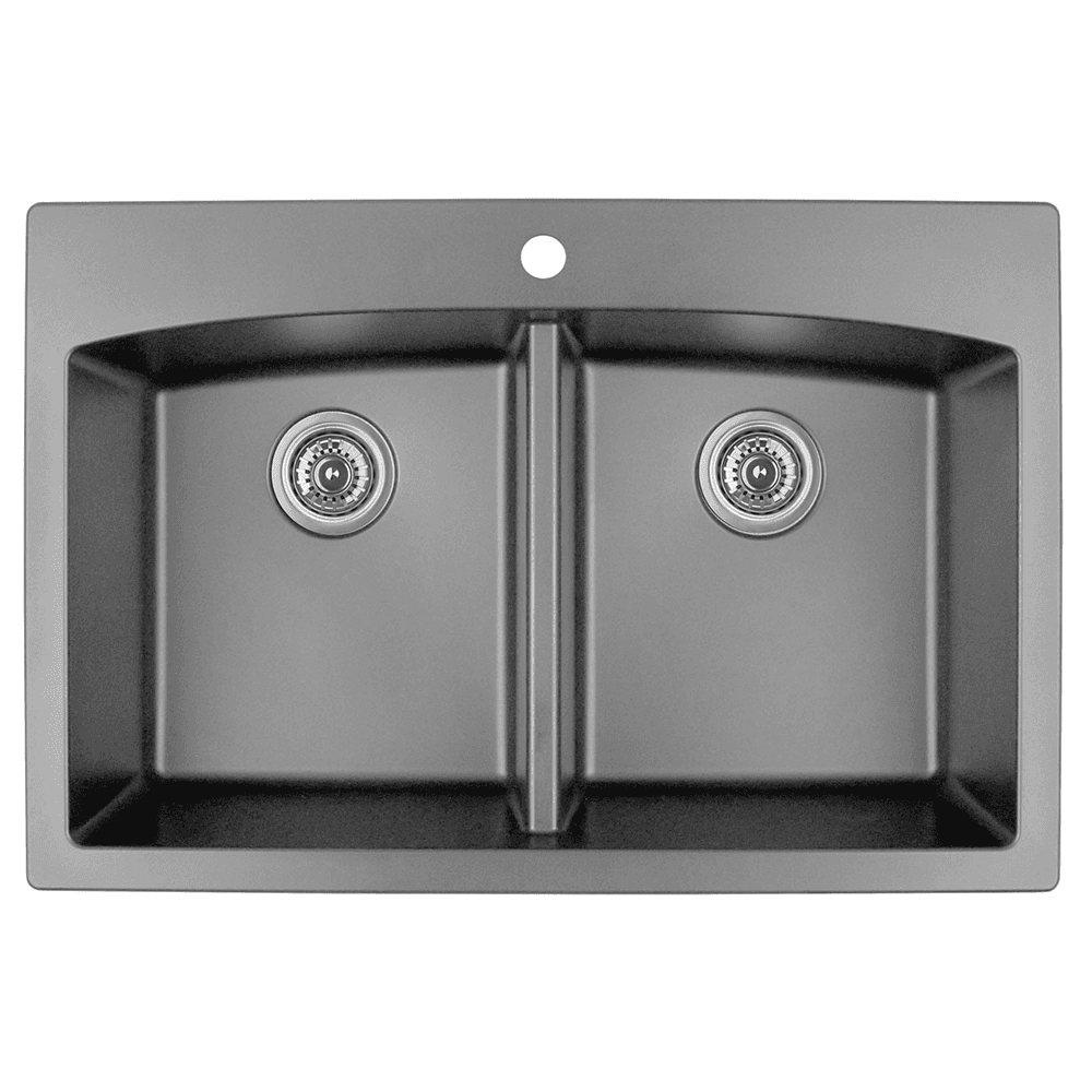 Close-up of Karran QT-710 Quartz Top Mount Double Equal Bowl Kitchen Sink in Gray