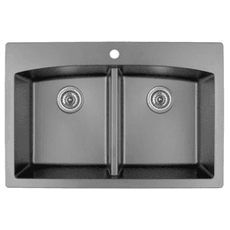 Close-up of Karran QT-710 Quartz Top Mount Double Equal Bowl Kitchen Sink in Gray