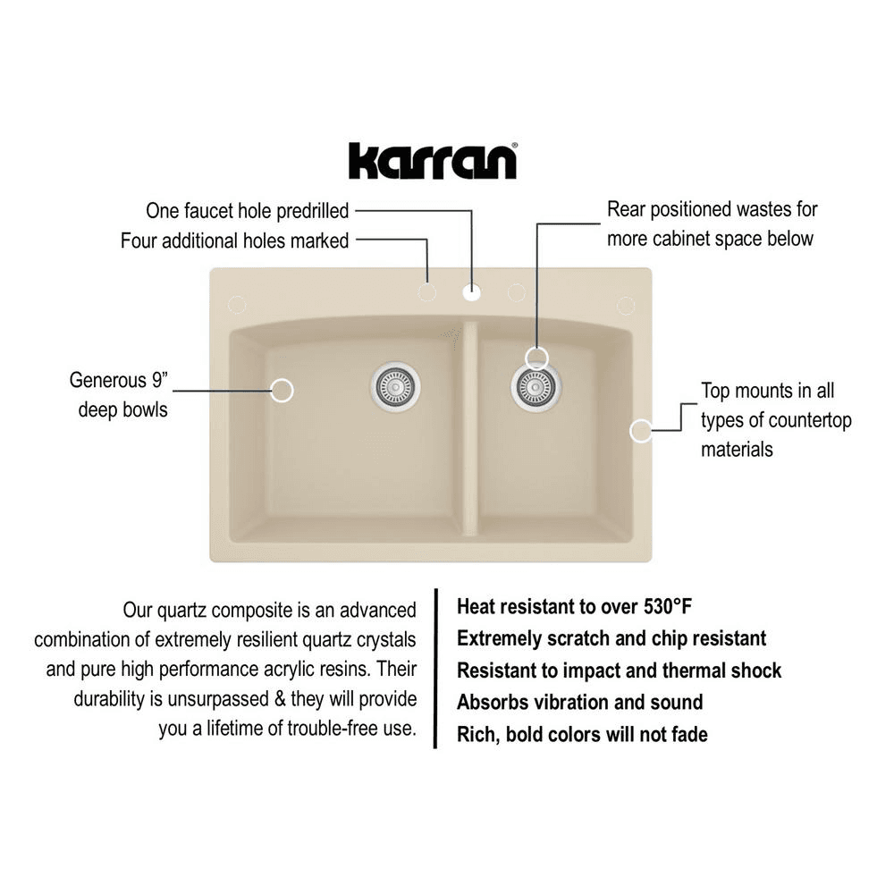 Karran QT-711 Quartz Top Mount Large/Small Bowl Kitchen Sink, 33" x 22" x 9", Gray - Close-Up View