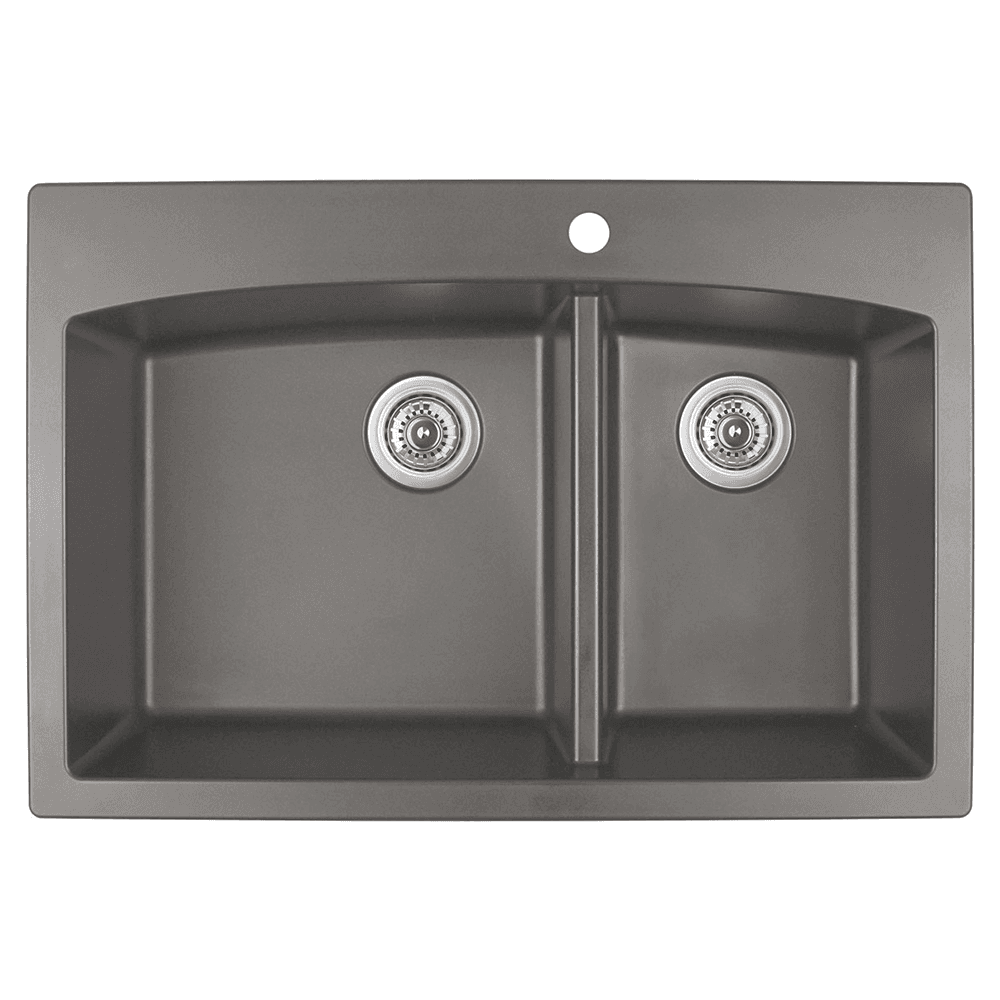 QT-711 Quartz Top Mount Large/Small Bowl Kitchen Sink in Concrete, Angle View