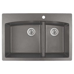 QT-711 Quartz Top Mount Large/Small Bowl Kitchen Sink in Concrete, Angle View