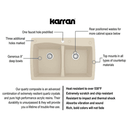 Karran QT-720 Top Mount Double Equal Bowl Kitchen Sink - 34x22x9 Inches in White Quartz