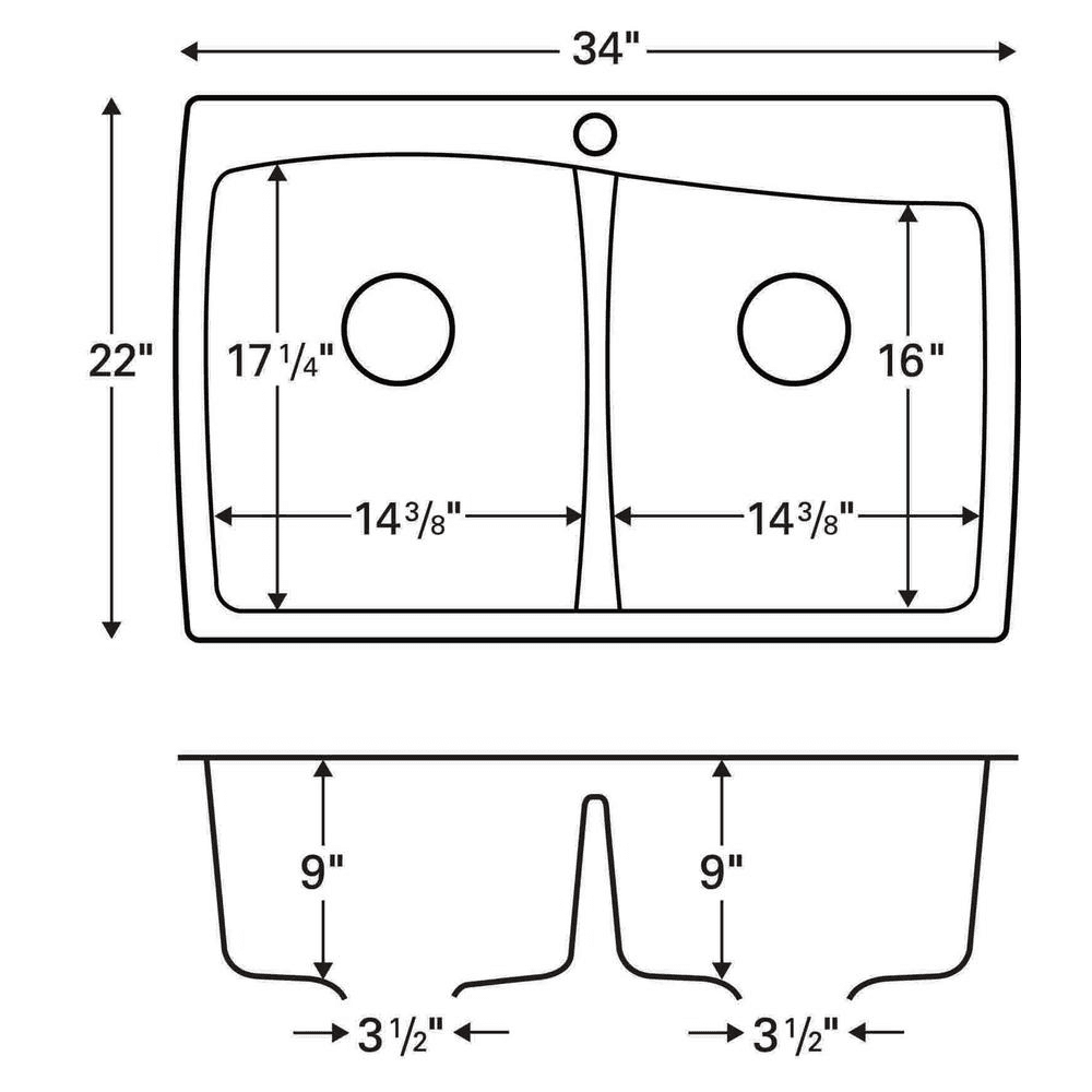 QT-720 Quartz Top Mount Double Equal Bowl Kitchen Sink, 34" x 22" x 9", Concrete - Right view